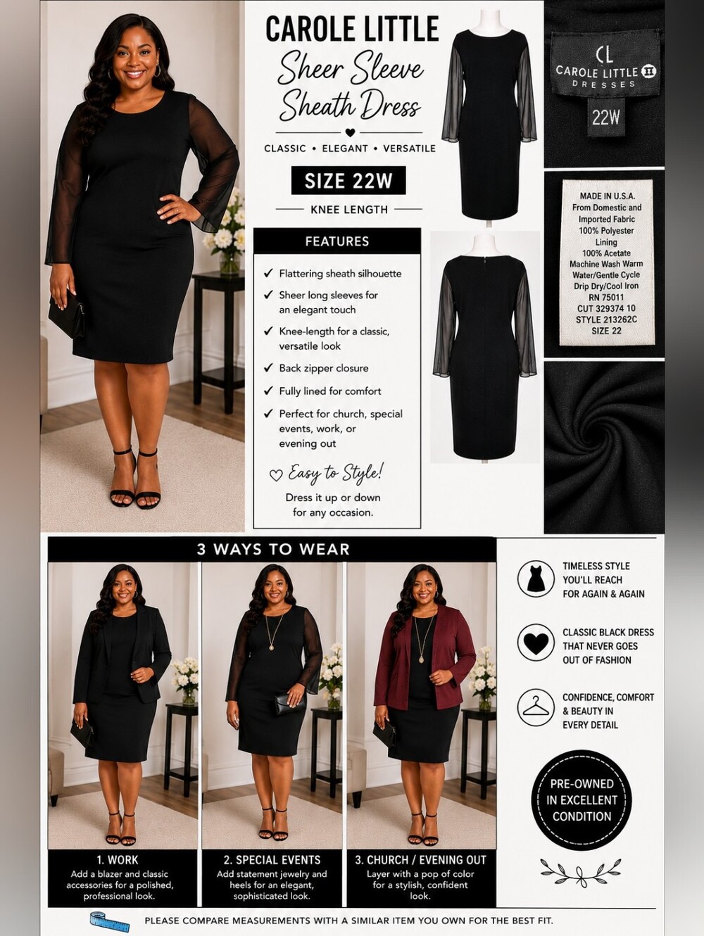 Carole Little Black Sheath Dress Plus Size 22W Sheer Long Sleeve Knee Length EUC
